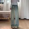 Jeans Azul Retrô de Perna Larga para Mulheres 2026 Verão Novo Estilo Cintura Alta Design Efeito Emagrecedor e Caimento Calças Retas Largas