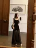 Vestido de tirantes con costuras de malla blanca para mujer, diseño de verano, ajustado, largo, con cinturón, falda de cadera línea A