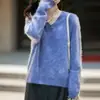 26 Suéter Básico de Lana con Cuello en V, Sin Costuras, Forro de Felpa, Otoño/Invierno para Mujer, Suéter de Punto Holgado y Casual