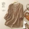 Algodón, Lino y Tops de Lino para Mujer, Algodón Seda Manga Media Manga Tres Cuartos, Madres de Mediana Edad, Camisetas de Moda de Verano de Manga Corta