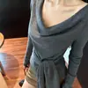 Top de malha com manga longa, estilo francês, amarração na cintura, um ombro só, para mulheres, coleção outono/inverno 2026, lindamente único e estiloso