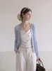 Cárdigan protector solar morado suave y ligero estilo francés para mujer, chaqueta exterior de verano fina de seda helada y lino con chaqueta de punto de cuello en V