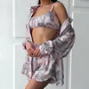 2026 Novo Estilo Camisola Estampada de Seda Sintética, Shorts de Alça, Conjunto de Três Peças, Pijama Macio e Fresco, Roupa de Casa Europeia e Americana para Mulheres