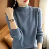 Suéter elegante de cuello alto medio para mujer, holgado y ajustado, estilo delgado para primavera, otoño e invierno, camisa básica de punto negra de manga larga