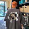 Playera Linda de Gato para Hombre, Verano Trendy American High Street Manga Corta Versátil Retro Ropa de Algodón Puro con Estampado de Dibujos Animados