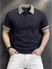 Top adelgazante de color contrastante con cuello, polo de gaviota de manga corta para hombre, verano, alta gama, textura transpirable con bordes enrollados, azul marino