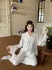 Pijama de Encaje Hueco a Rayas de Seda Helada para Mujer Primavera Verano Perezoso de Gama Alta Holgado Casual Ropa de Casa