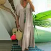 Vestido de comprimento médio com decote V que valoriza a silhueta, saia de algodão e linho para mulheres, loja TikTok Shopee transfronteiriça europeia e americana, tamanhos grandes