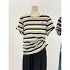 Camiseta Bordada con Oso de Sentido del Diseño para Mujer Rayas Blancas y Negras Contraste de Color Base Top Estilo Occidental Verano Estilo Coreano Hombro Manga Corta