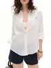 Camisa Bordada de Lino para Mujer Manga Larga Holgada Solapa Camisa de Viaje Protección Solar Top de Verano