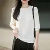 Top de Punto Minimalista de Lujo Ligero con Cuello Redondo y Media Manga para Mujer, Camiseta de Manga Corta, Top Fino Transpirable de Manga Media, Capa Base