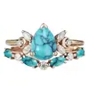 Anillos de Pareja con Forma de Gota de Agua, Moda Bohemia Transfronteriza Súper Trendy, Anillos de Diseño Personalizado con Incrustaciones de Diamantes y Turquesa, Lujo Ligero, Venta al por Mayor