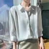 Camisa de Cetim Acetato Seda Simulada Manga Três Quartos Feminina Jaqueta Nova Gola Polo Top Camisa Branca Peça de Base para Vestir por Cima