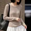 Nuevo suéter de punto sin costuras de Tencel y lino para mujer de principios de otoño con bordes enrollados, cuello redondo, mangas largas, camiseta básica simple