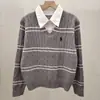 Camisa de malha com lapela e falso duas peças, retalhos listrados, estilo faculdade, temperamento versátil, novo top
