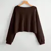 Novo Suéter Transfronteiriço para Outono e Inverno, Tricô de Alta Qualidade com Gola V Canelado para Mulheres, Estilo Curto Soltinho, Blusa Versátil de Manga Longa para Mulheres