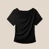 Diseño de Cuello en V Asimétrico, Estilo Único, Camiseta Regular de Hombro y Manga Corta para Mujer, Nuevo Modelo de Verano 2026, Top Plisado Adelgazante