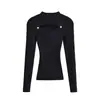 Blusa de malha feminina justa de manga comprida, gola semi-alta vazada, ombro a ombro, sensual, para outono e inverno