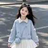 Conjunto de Dos Piezas Estilo Academia para Niñas Primavera y Otoño Versión Coreana Conjunto de Falda Plisada Rosa Azul para Niños Medianos y Grandes Atuendo Elegante Ropa de Otoño