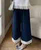 Moda Verão 2025 Nova Costura Camiseta Solta Algodão Lavado Calça Wide Leg Conjunto de Duas Peças Traje para Gestantes