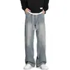 Jeans estilo americano de perna reta com forro de fleece para homens, calça grossa para outono e inverno, marca de moda unissex high street, corte solto, tamanho grande