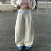 Jeans Casuales de Estilo Coreano Retro Azul Lavado con Estampado de Leopardo para Mujer, Estilo Nuevo con Dobladillo de Falda Pequeña y Pantalones de Pierna Ancha Largos con Parches