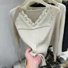 Fábrica de Suéteres Dalan Source Suéter de Punto Otoñal con Parches de Encaje, Cuello en V, Manga Larga para Mujer, Adelgazante y Versátil con Bordes Volantes
