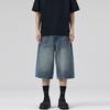 LKTM Hombres# Pantalones Cortos de Mezclilla con Patrón de Rayo Azul Antiguo Retro Americano para Hombres y Mujeres de Forma Recta Holgada Pantalones Recortados