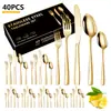 Amazon transfronteiriço cabo quadrado talheres de aço inoxidável 40 peças dourado espessado estilo europeu faca de bife, garfo e colher conjunto em caixa colorida
