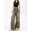 Jeans largo rasgado estilo deserto retrô americano para mulheres, novas calças retas folgadas de cintura alta emagrecedoras plus size