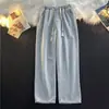 Pantalones vaqueros casuales de estilo japonés para hombre, de cintura elástica con cordón, color claro, pierna recta holgada, tendencia de pierna ancha, largos hasta el suelo