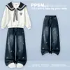 Moletom azul marinho com gola preppy, doce e único, nova coleção primavera/outono, calça jeans moderna e estilosa, conjunto de duas peças para meninas