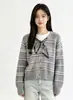 Cárdigan de punto a rayas con lazo de bufanda de seda estilo coreano para mujer, estilo suave de principios de otoño, cuello redondo, abrigo corto de punto de un solo botón