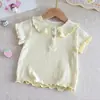 Camiseta de Manga Curta de Verão para Meninas, Polo Ribbed Estiloso Tendência Coreana com Gola Boneca para Crianças