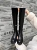 Versión de piel de vaca~botas largas de cuero genuino con suela gruesa para aumentar la altura para mujer, botas elásticas ajustadas, botas de montar de estilo británico con tacón grueso, botas largas hasta la rodilla