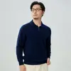 Suéter masculino de cashmere % puro cashmere de cabra casual versátil gola com zíper parcial manga longa tricotado quente suéter preto