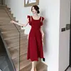 Vestido Rojo Tostado de Alta Gama, Vestido de Compromiso para Novia, Vestido Diario Usable para Bodas con Manga Volante para Mujeres Pequeñas