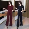 Traje de Moda Casual para Mujer 2026 Otoño Nuevo Elegante Reductor de Edad Adelgazante Camiseta de Manga Larga con Cuello en V Pantalones de Pierna Ancha Conjunto de Dos Piezas