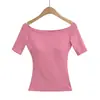 2637-26 Camiseta de estilo veraniego, estilo puro deseo, de un solo hombro, manga media, color macarrón, con sujetador incorporado