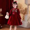 Vestido Rojo para Niña Bordado Exquisito Cuello Alto Mangas Abullonadas Vestido Formal Niña Año Nuevo Visita a Familiares Banquete Mangas Largas Princesa