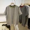 Camiseta Listrada de Manga Curta Estilo Europeu e Americano Feminina Verão Solta Versátil Estilo Coreano Chique Estilo de Hong Kong Top 100% Algodão Tendência Transfronteiriço