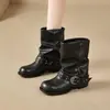 Bota de mujer de tacón grueso negro, nuevo estilo otoño 2026, bota alta para montar con hebilla de cinturón vaquero occidental