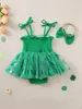 2026 Nuevo Estilo Bebé Niña Verde Suerte Trébol de Cuatro Hojas Tirantes Gasa Vestido Mono Lindo y Dulce