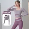 Sensación de desnudez con parte superior de manga larga acolchada de dos piezas falsas, secado rápido, cintura alta, ajustado, conjunto deportivo para correr, fitness, yoga, mujer
