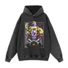 Sudadera con capucha y estampado de dibujos animados desgastada, negro lavado retro americano, moderna, estilo anime, sudadera de cuello redondo sin cierre