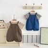 Traje de Verano para Bebé Niño Top de Manga Corta a Rayas Camiseta Pantalones con Tirantes Conjunto de Dos Piezas Mono para Bebé Traje para Gatear