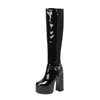 Botas Altas para Mujer, Charol, Suela Gruesa, Tacón Grueso, Tacón Súper Alto, Hebilla de Cinturón, Bloques de Color, Botas Largas Hasta la Rodilla, Botas de Moda para Mujer (Estilo Martin)