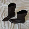 Botas de montar de piel de oveja estilo retro western francés con tacón grueso y punta fina, para mujer, de pierna ancha, adelgazantes, sencillas, de media pantorrilla