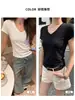 Camiseta feminina de cor sólida com decote V feita de algodão de bambu, simples e elegante, corte justo, acinturada, modeladora, de manga curta, top versátil para o dia a dia