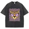 Camisetas Vintage para Mujer Lavado Ácido Estampado de Leopardos y Dibujos Animados